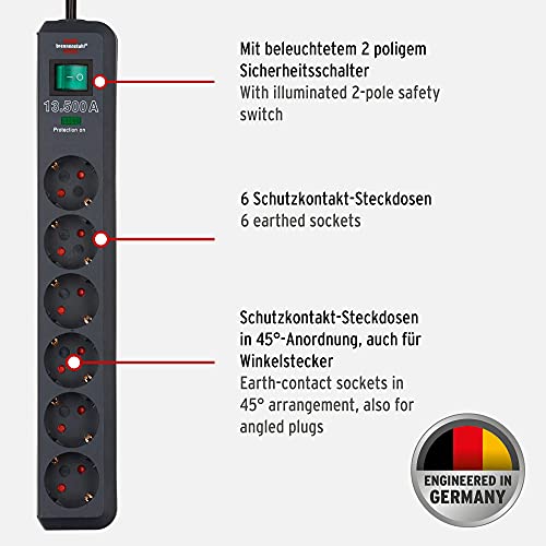 Brennenstuhl Eco-Line, Steckdosenleiste 6-Fach mit Überspannungsschutz (Steckerleiste mit Schalter und 5m Kabel) anthrazit - EDV-Guru (Guru e.U.)